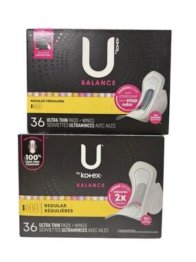 (2) U by Kotex Balance Ultra Thin Pads w/ Wings, Regular Absorbency, 36ct